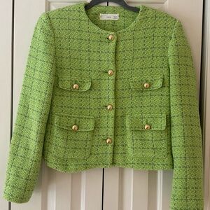 Mango Green Tweed Blazer with Gold Buttons
